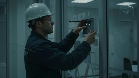 A worker wearing a hardhat and protective goggles as he fixes a device attached to the wall.