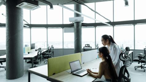 Workers sit at a desk in a brightly lit office with large windows. A person sits and types on a laptop while another looks over their shoulder.