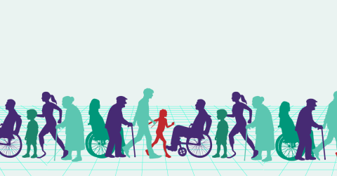 Colorful silhouettes of diverse people, including wheelchair users, elderly persons and children, walking across a grid-patterned floor.