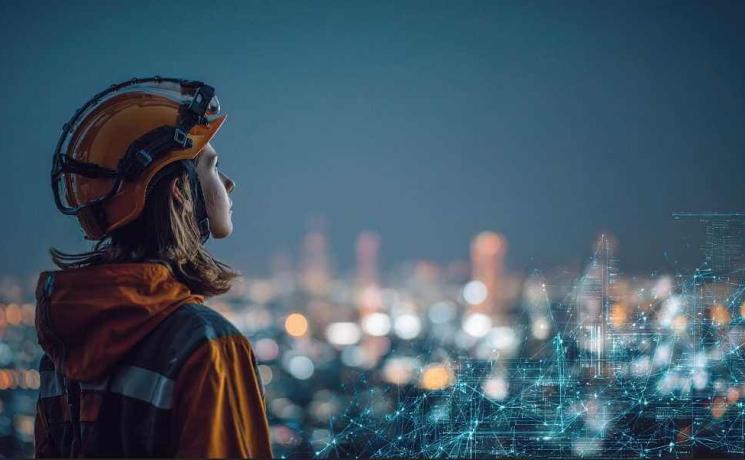 A young woman wearing a hardhat, looking out over a city at night