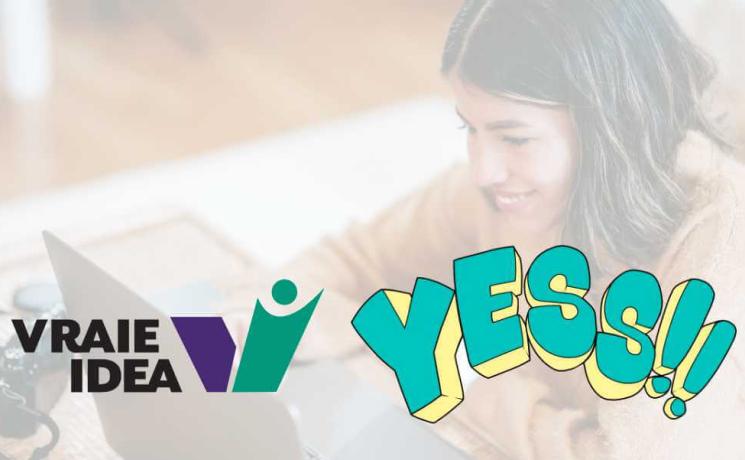 IDEA and YESS logos over an image of a smiling young woman using a laptop
