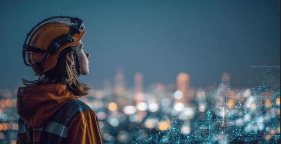 A young woman wearing a hardhat, looking out over a city at night