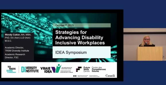 Cover photo of published company names beside a woman giving a presentation at a podium.