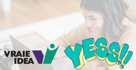 IDEA and YESS logos over an image of a smiling young woman using a laptop