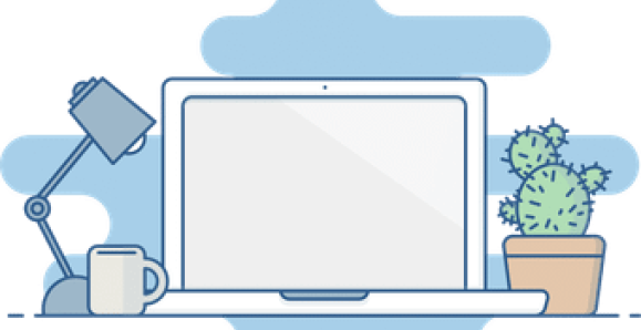 A laptop positioned in between a lamp, mug, and a cactus