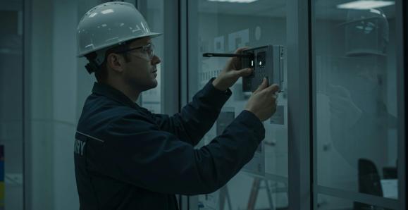 A worker wearing a hardhat and protective goggles as he fixes a device attached to the wall.