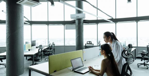 Workers sit at a desk in a brightly lit office with large windows. A person sits and types on a laptop while another looks over their shoulder.