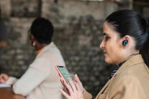 Woman working on a cell phone