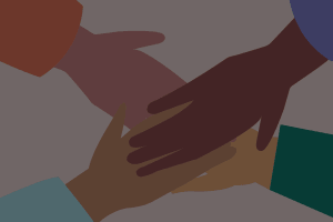 four hands of different colours coming together