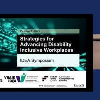 Cover photo of published company names beside a woman giving a presentation at a podium.