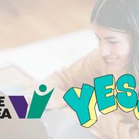 IDEA and YESS logos over an image of a smiling young woman using a laptop