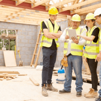 Young workers on a contruction job site, wearing high visibility vests and hard hats