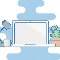 A laptop positioned in between a lamp, mug, and a cactus