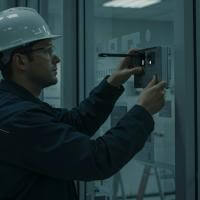 A worker wearing a hardhat and protective goggles as he fixes a device attached to the wall.